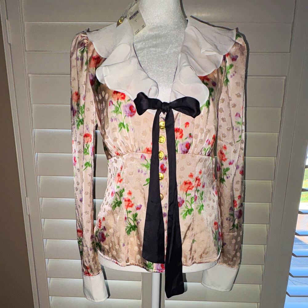 Maeve Floral Peach Ruffle Neck Bow Tie Long Sleeve Button Blouse S, NWT